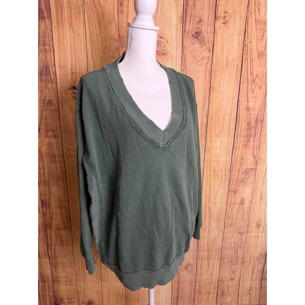 Aerie Oversize V Neck Sweatshirt Exposed Seams Some Distressing Green Wash S - Picture 2 of 7